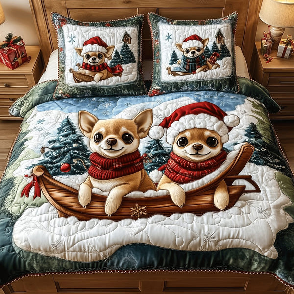 Holiday Chi Paws quilted 3-piece bedding set on a made bed in a winter-styled bedroom
