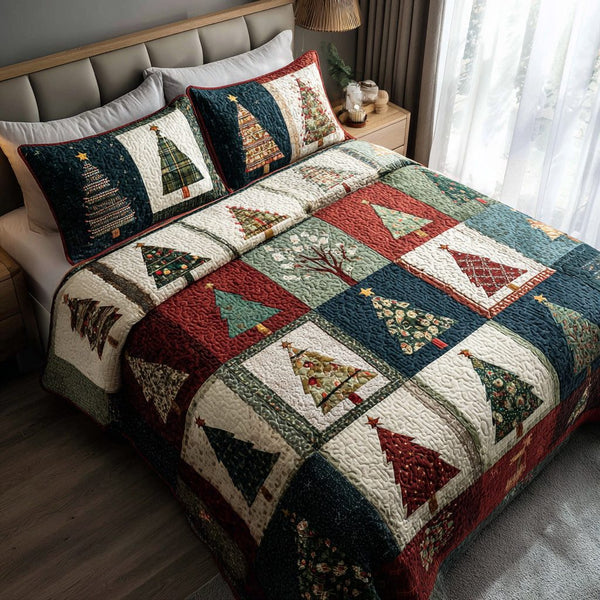 Holiday Christmas Tree quilted 3-piece bedding set on a made bed in a winter-styled bedroom