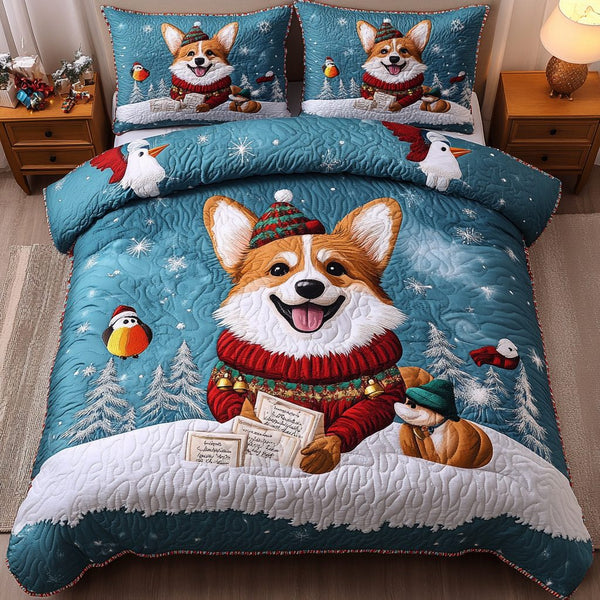 Holiday Corgi Cheer quilted 3-piece bedding set on a made bed in a winter-styled bedroom