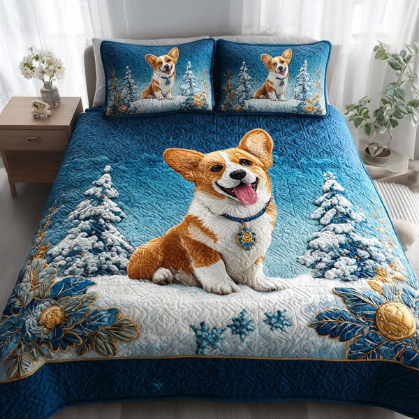 Holiday Corgi Spirit quilted 3-piece bedding set on a made bed in a winter-styled bedroom