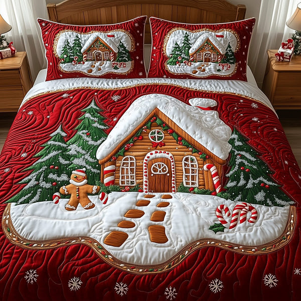Holiday Cottage Charm quilted 3-piece bedding set on a made bed in a winter-styled bedroom