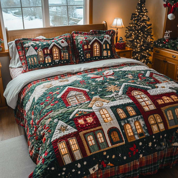 Holiday Cottage Lights quilted 3-piece bedding set on a made bed in a winter-styled bedroom
