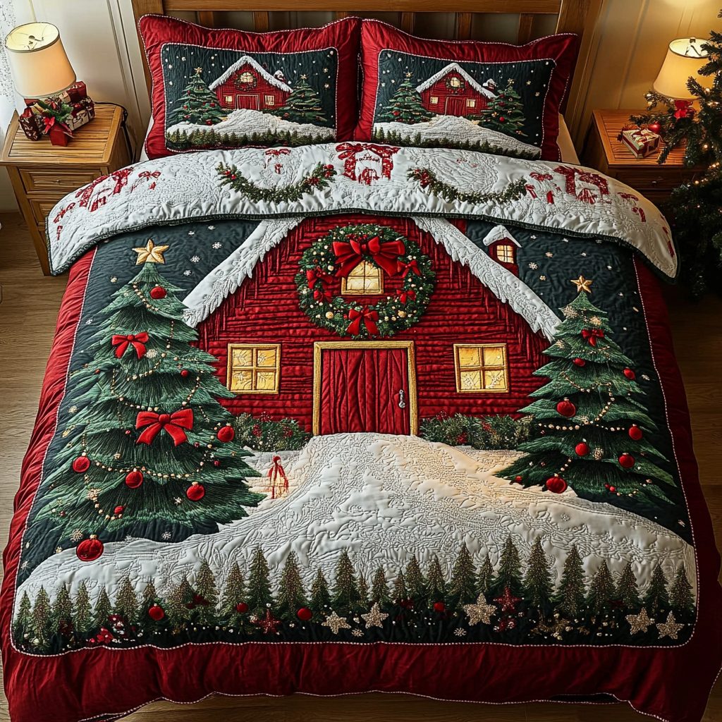 Holiday Cottage quilted 3-piece bedding set on a made bed in a winter-styled bedroom