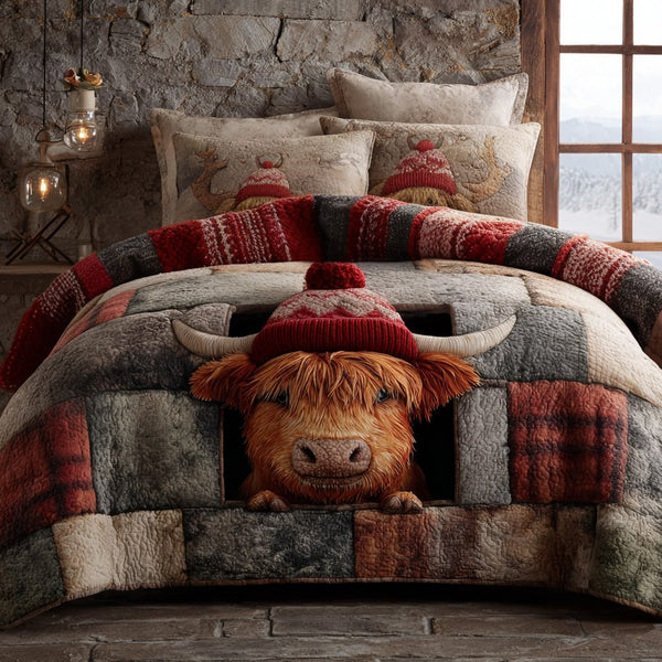 Holiday Cow quilted 3-piece bedding set on a made bed in a winter-styled bedroom