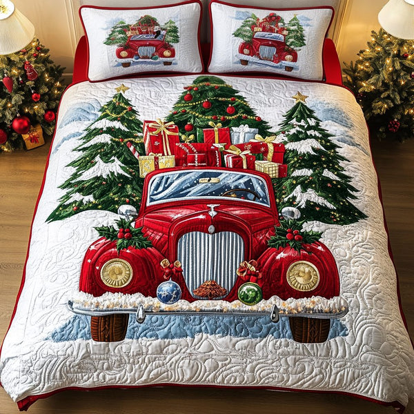 Holiday Cruiser quilted 3-piece bedding set on a made bed in a winter-styled bedroom