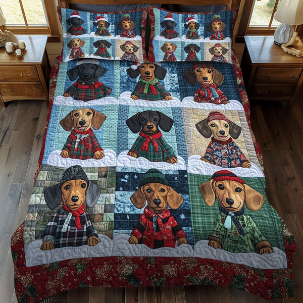 Holiday Dachshund quilted 3-piece bedding set on a made bed in a winter-styled bedroom