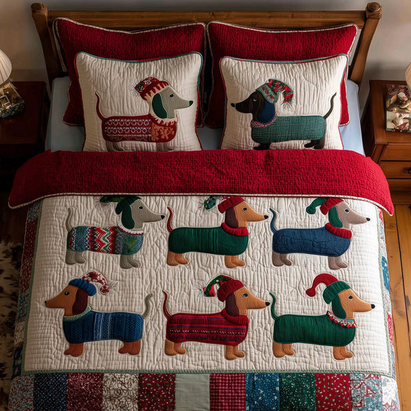 Holiday Dachshund Squad quilted 3-piece bedding set on a made bed in a winter-styled bedroom