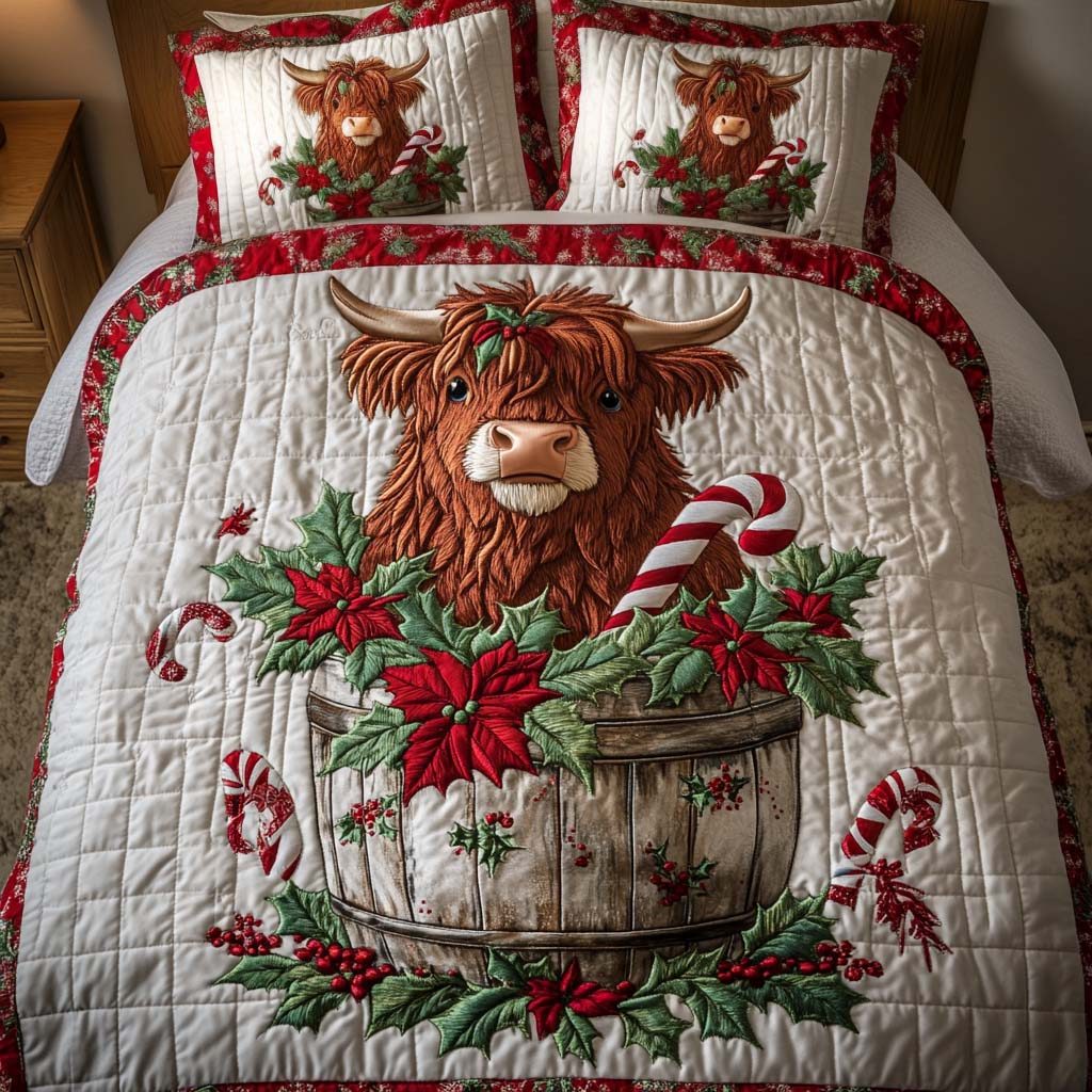 Holiday Delight quilted 3-piece bedding set on a made bed in a winter-styled bedroom