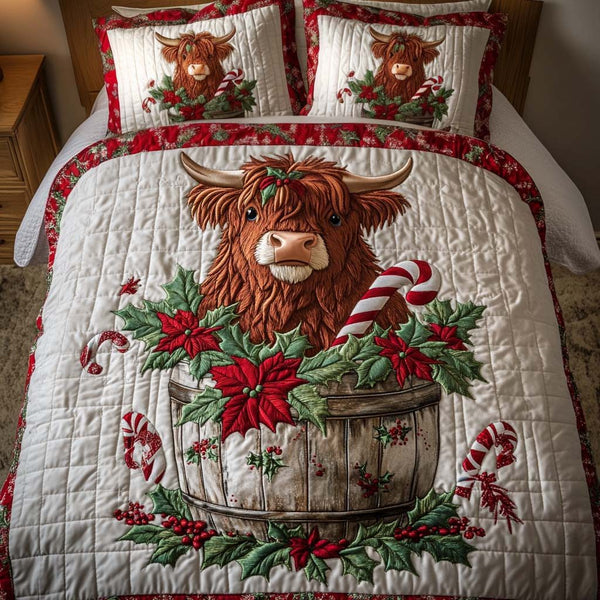 Holiday Delight quilted 3-piece bedding set on a made bed in a winter-styled bedroom