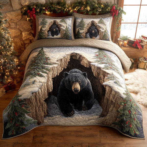 Holiday Den quilted 3-piece bedding set on a made bed in a winter-styled bedroom