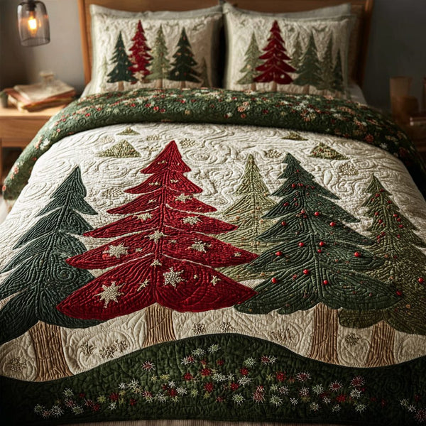 Holiday Dream quilted 3-piece bedding set on a made bed in a winter-styled bedroom