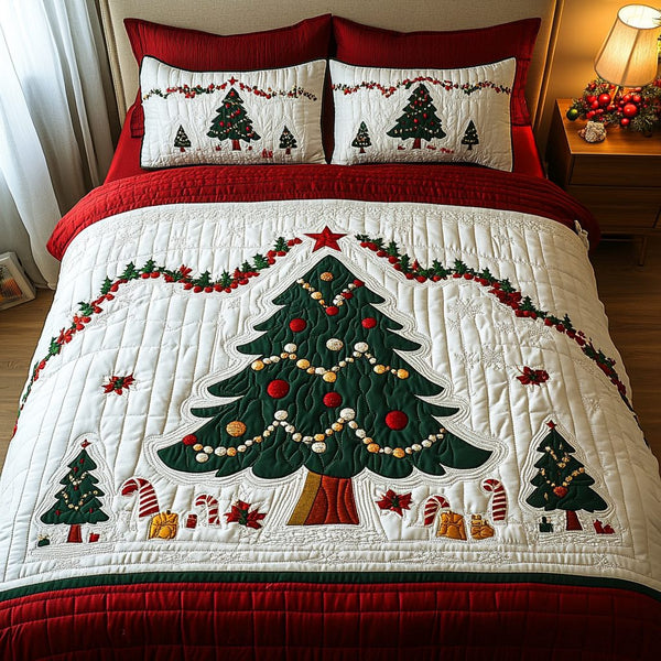 Holiday Evergreen Delight quilted 3-piece bedding set on a made bed in a winter-styled bedroom