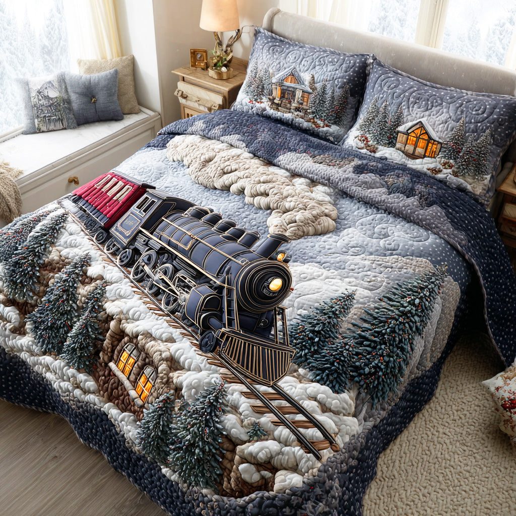 Holiday Express Line quilted 3-piece bedding set on a made bed in a winter-styled bedroom