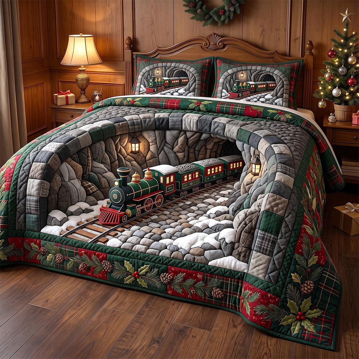 Holiday Express quilted 3-piece bedding set on a made bed in a winter-styled bedroom