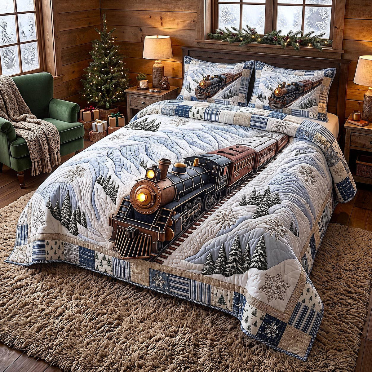 Holiday Express quilted 3-piece bedding set on a made bed in a winter-styled bedroom