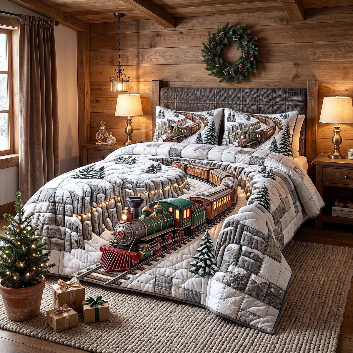 Holiday Express quilted 3-piece bedding set on a made bed in a winter-styled bedroom