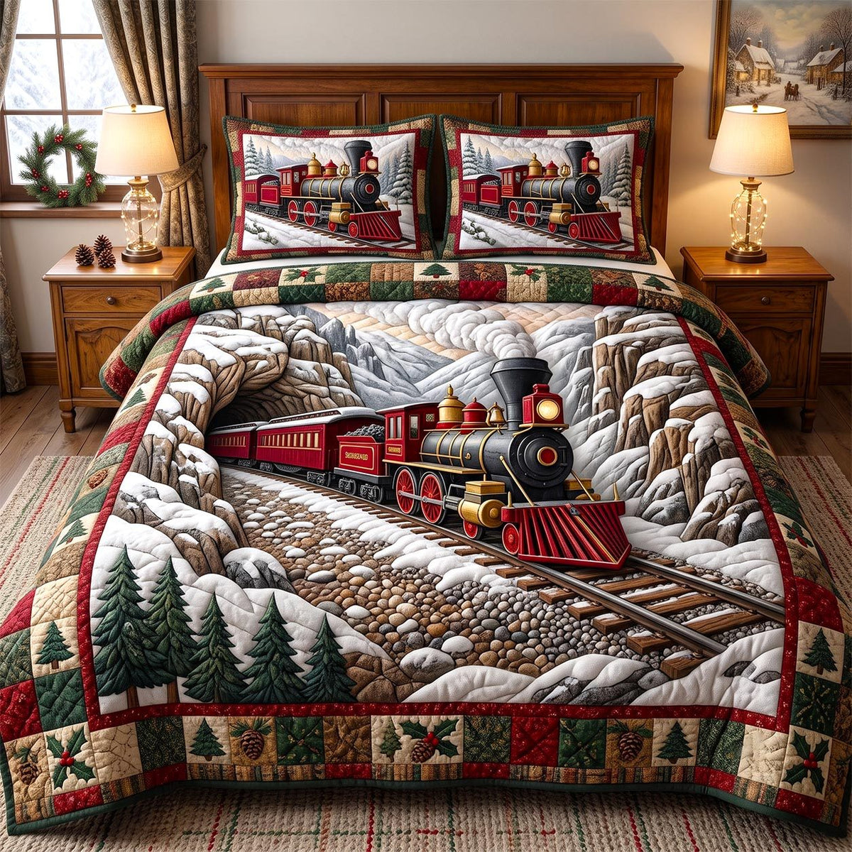 Holiday Express quilted 3-piece bedding set on a made bed in a winter-styled bedroom