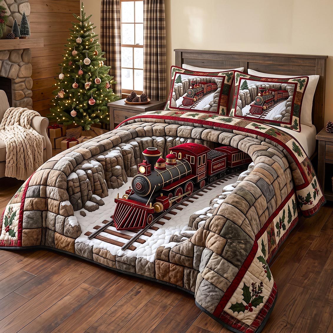Holiday Express quilted 3-piece bedding set on a made bed in a winter-styled bedroom