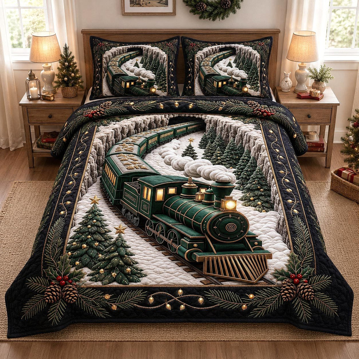 Holiday Express quilted 3-piece bedding set on a made bed in a winter-styled bedroom
