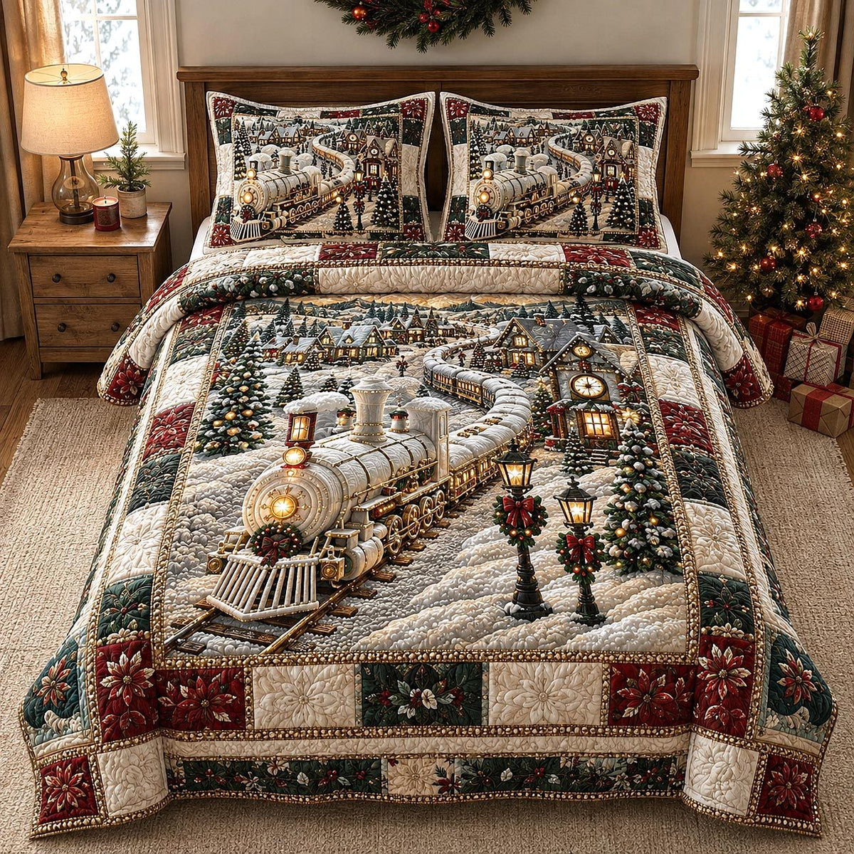 Holiday Express quilted 3-piece bedding set on a made bed in a winter-styled bedroom