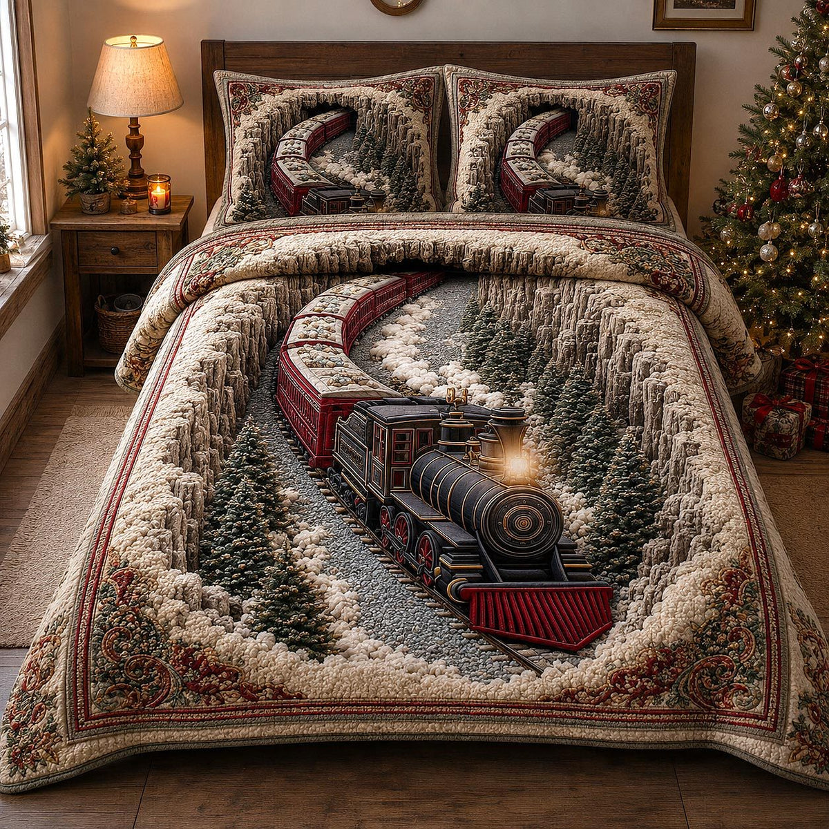 Holiday Express quilted 3-piece bedding set on a made bed in a winter-styled bedroom