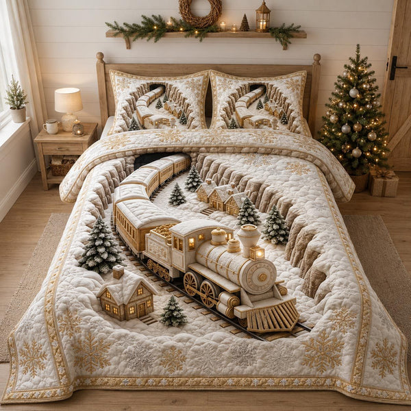 Holiday Express quilted 3-piece bedding set on a made bed in a winter-styled bedroom