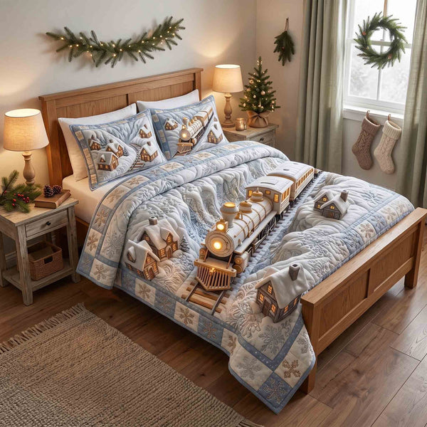 Holiday Express quilted 3-piece bedding set on a made bed in a winter-styled bedroom