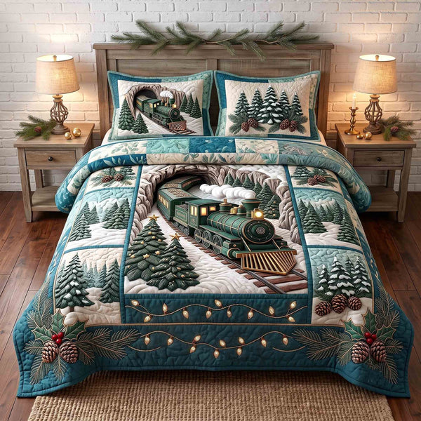 Holiday Express quilted 3-piece bedding set on a made bed in a winter-styled bedroom
