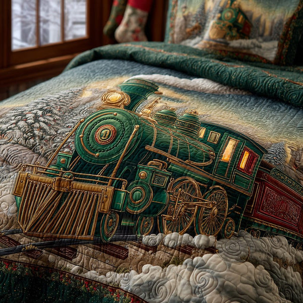 Holiday Express quilted 3-piece bedding set on a made bed in a winter-styled bedroom
