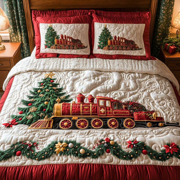 Holiday Express Track quilted 3-piece bedding set on a made bed in a winter-styled bedroom
