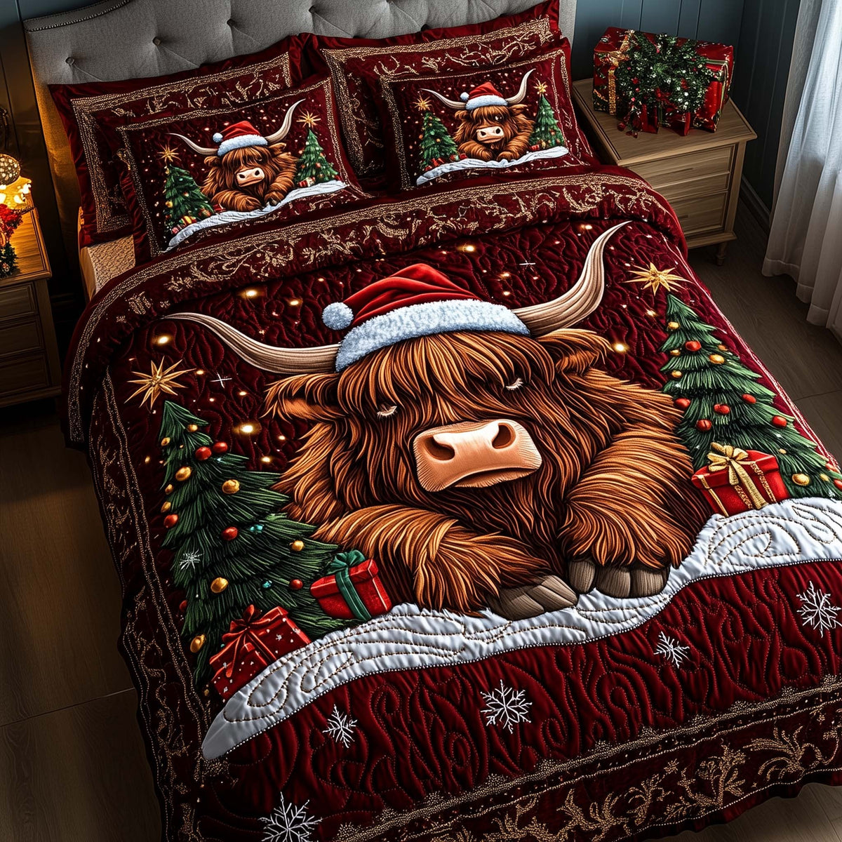 Holiday Farmstead quilted 3-piece bedding set on a made bed in a winter-styled bedroom