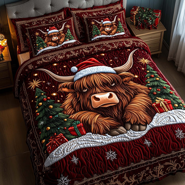 Holiday Farmstead quilted 3-piece bedding set on a made bed in a winter-styled bedroom