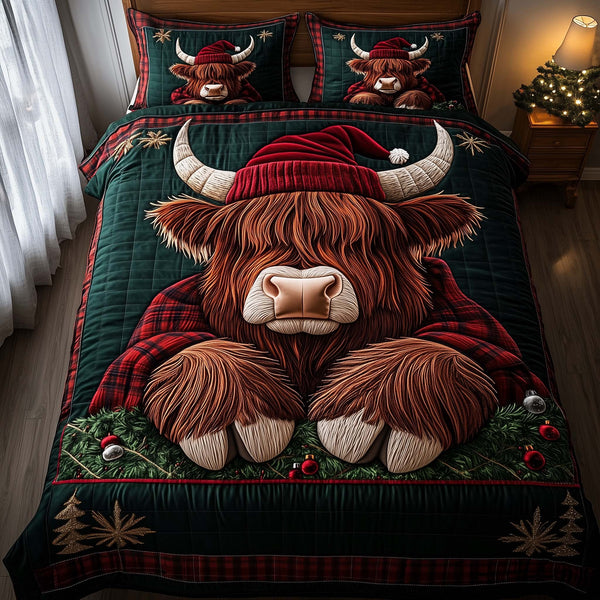Holiday Farmstead quilted 3-piece bedding set on a made bed in a winter-styled bedroom