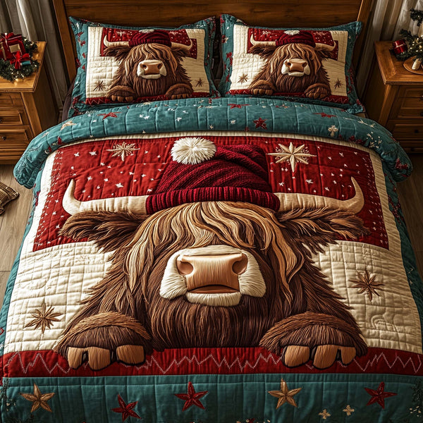 Holiday Farmstead quilted 3-piece bedding set on a made bed in a winter-styled bedroom