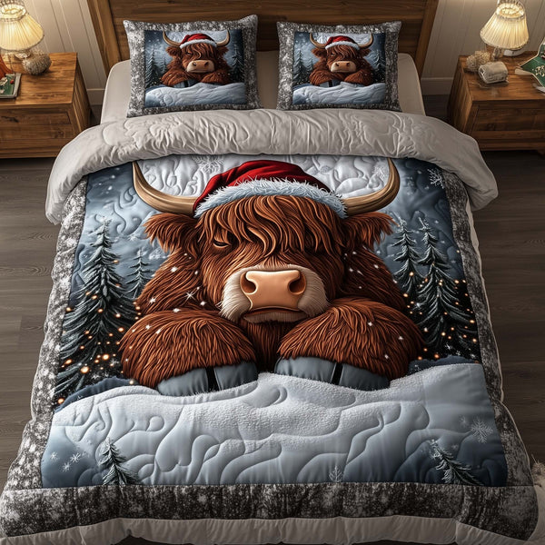 Holiday Farmstead quilted 3-piece bedding set on a made bed in a winter-styled bedroom