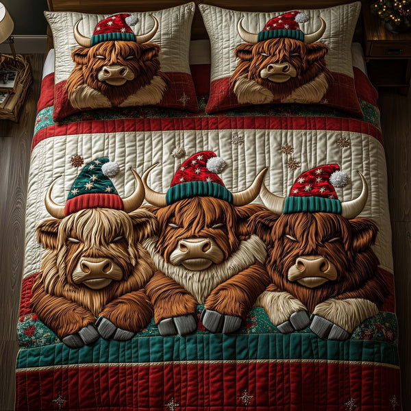 Holiday Farmstead quilted 3-piece bedding set on a made bed in a winter-styled bedroom