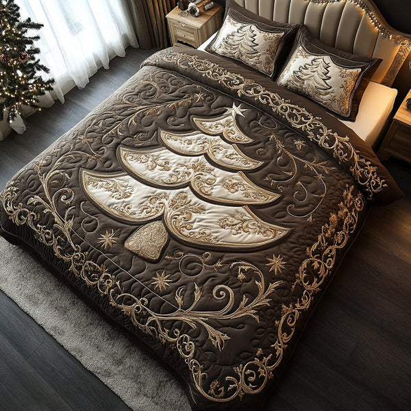 Holiday Fir quilted 3-piece bedding set on a made bed in a winter-styled bedroom