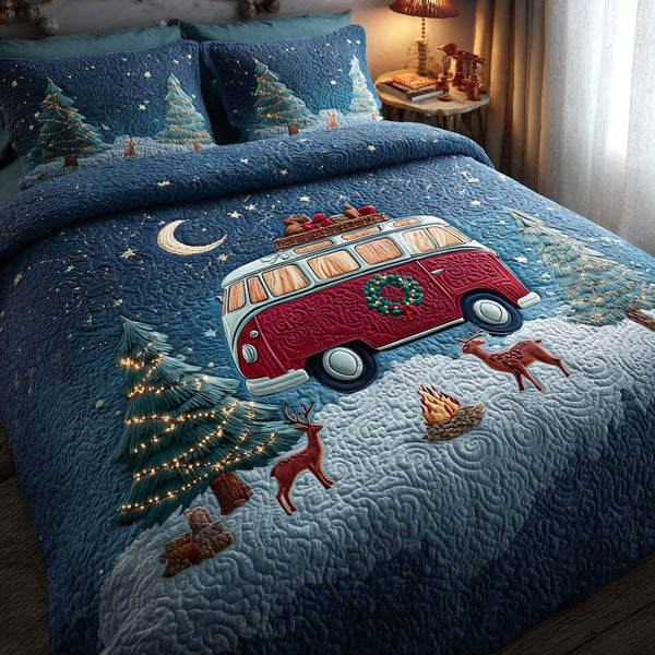 Holiday Firelight quilted 3-piece bedding set on a made bed in a winter-styled bedroom