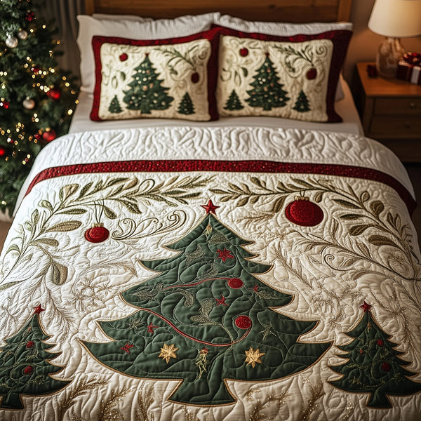 Holiday Forest quilted 3-piece bedding set on a made bed in a winter-styled bedroom