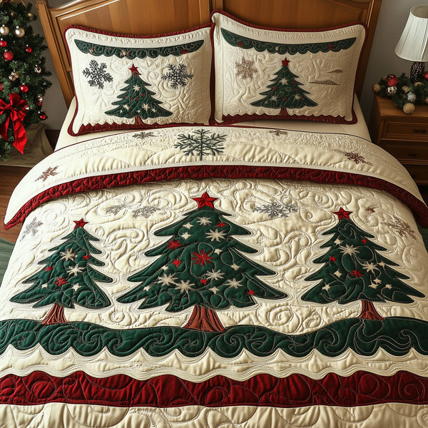 Holiday Forest quilted 3-piece bedding set on a made bed in a winter-styled bedroom