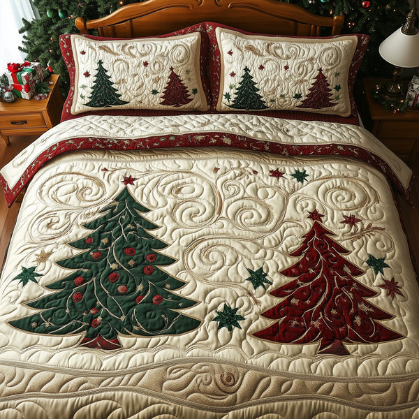 Holiday Forest quilted 3-piece bedding set on a made bed in a winter-styled bedroom