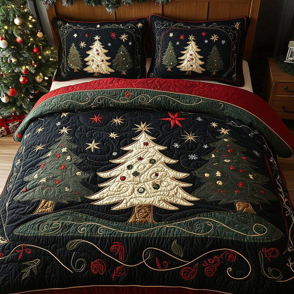 Holiday Forest quilted 3-piece bedding set on a made bed in a winter-styled bedroom