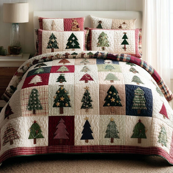 Holiday Forest quilted 3-piece bedding set on a made bed in a winter-styled bedroom