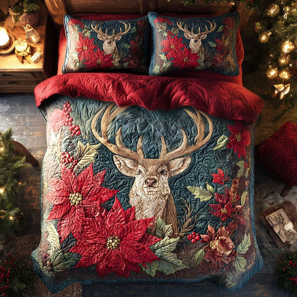 Holiday Forest quilted 3-piece bedding set on a made bed in a winter-styled bedroom
