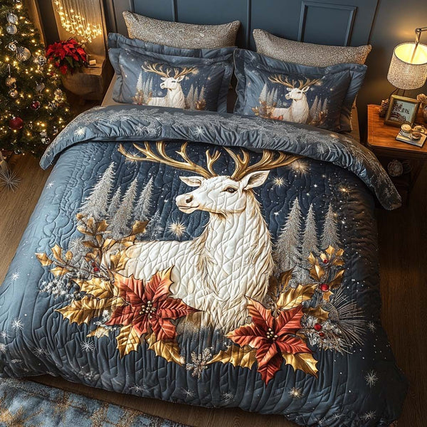 Holiday Forest Spirit quilted 3-piece bedding set on a made bed in a winter-styled bedroom