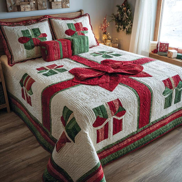 Holiday Gift Parade quilted 3-piece bedding set on a made bed in a winter-styled bedroom