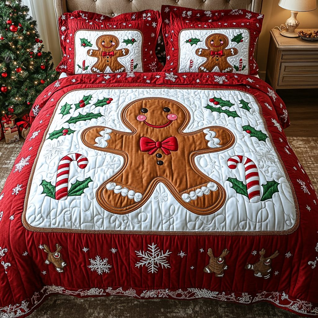 Holiday Ginger Magic quilted 3-piece bedding set on a made bed in a winter-styled bedroom