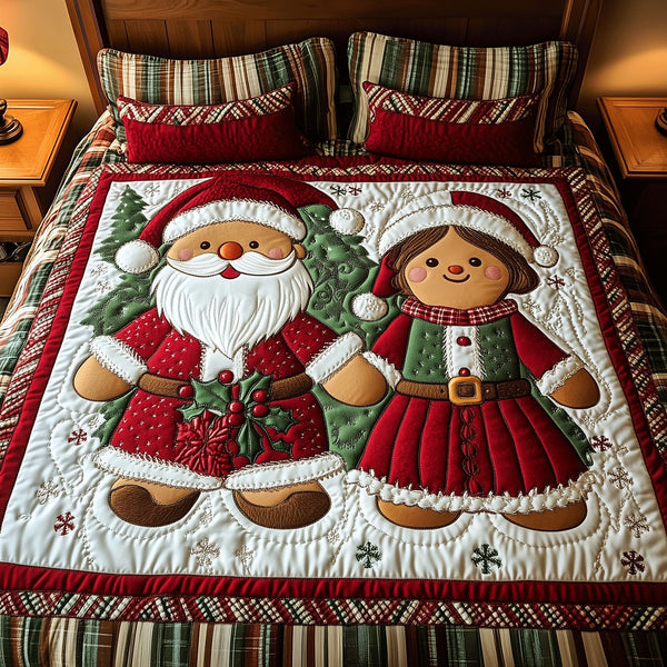 Holiday Gingerbread Snuggles quilted 3-piece bedding set on a made bed in a winter-styled bedroom