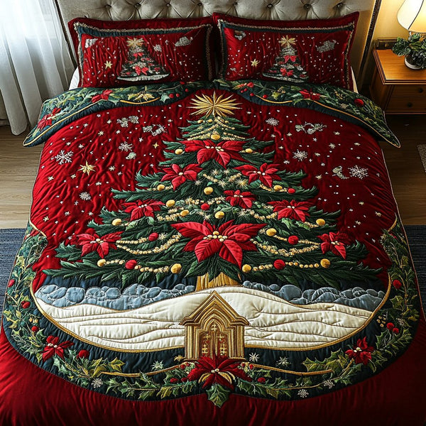 Holiday Glow quilted 3-piece bedding set on a made bed in a winter-styled bedroom