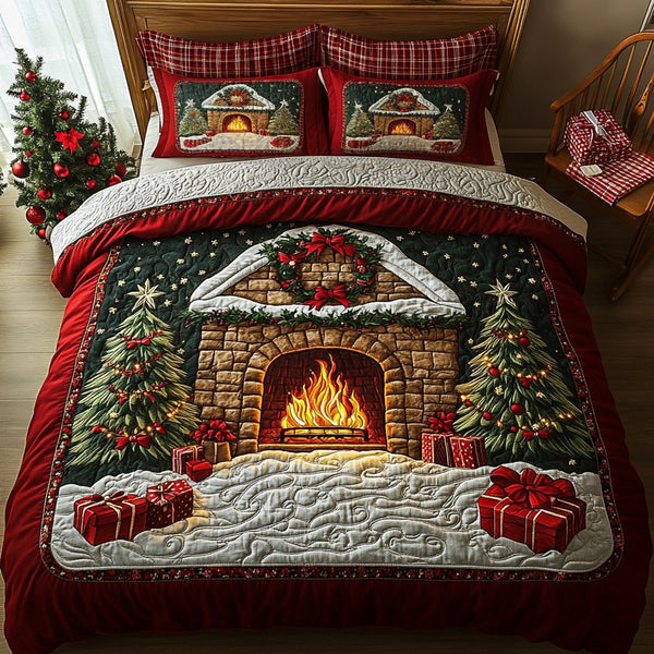Holiday Glow quilted 3-piece bedding set on a made bed in a winter-styled bedroom